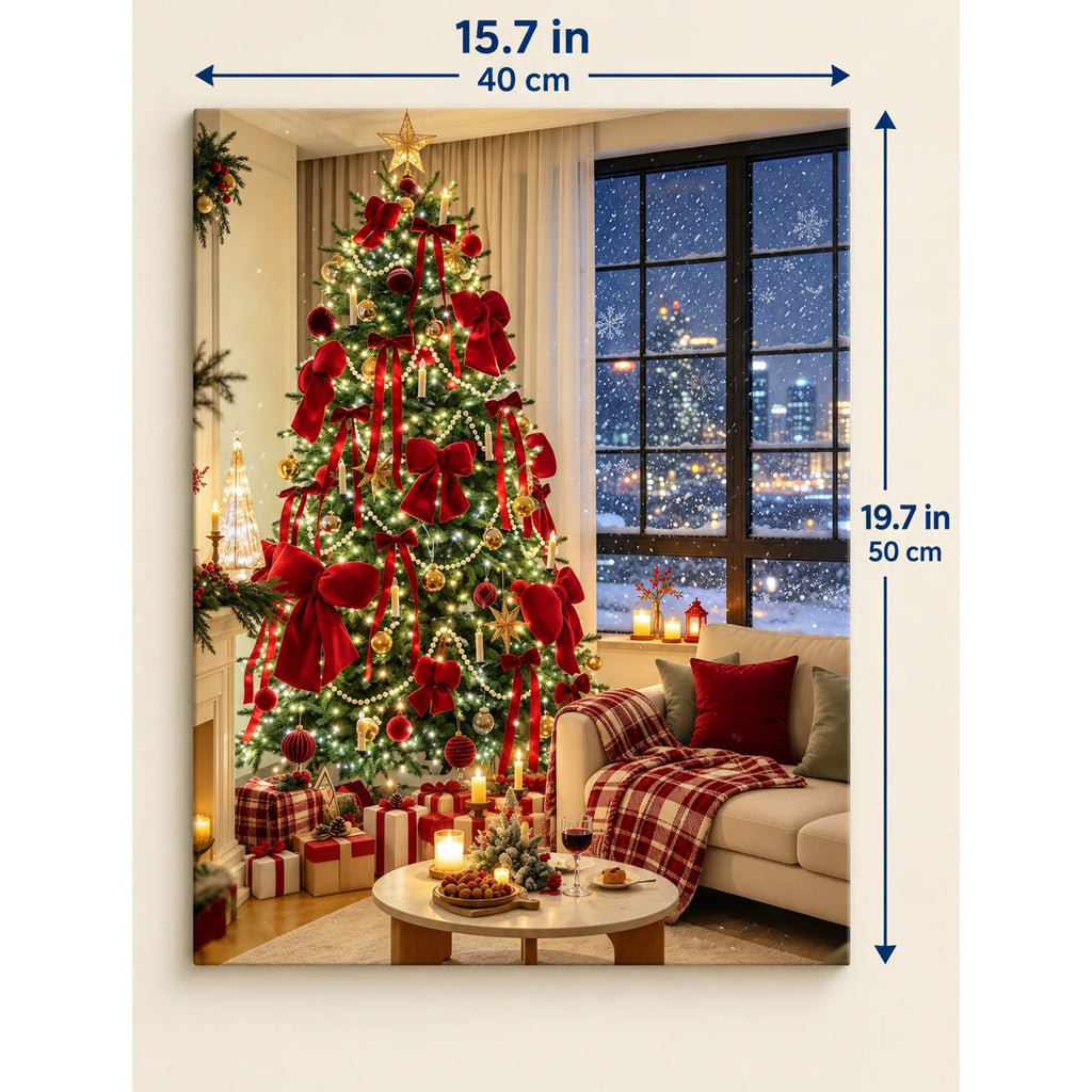 Cozy Christmas Tree with Red Bows by a Snowy Window canvas in a styled room, 15.7 × 19.7 in / 40 × 50 cm
