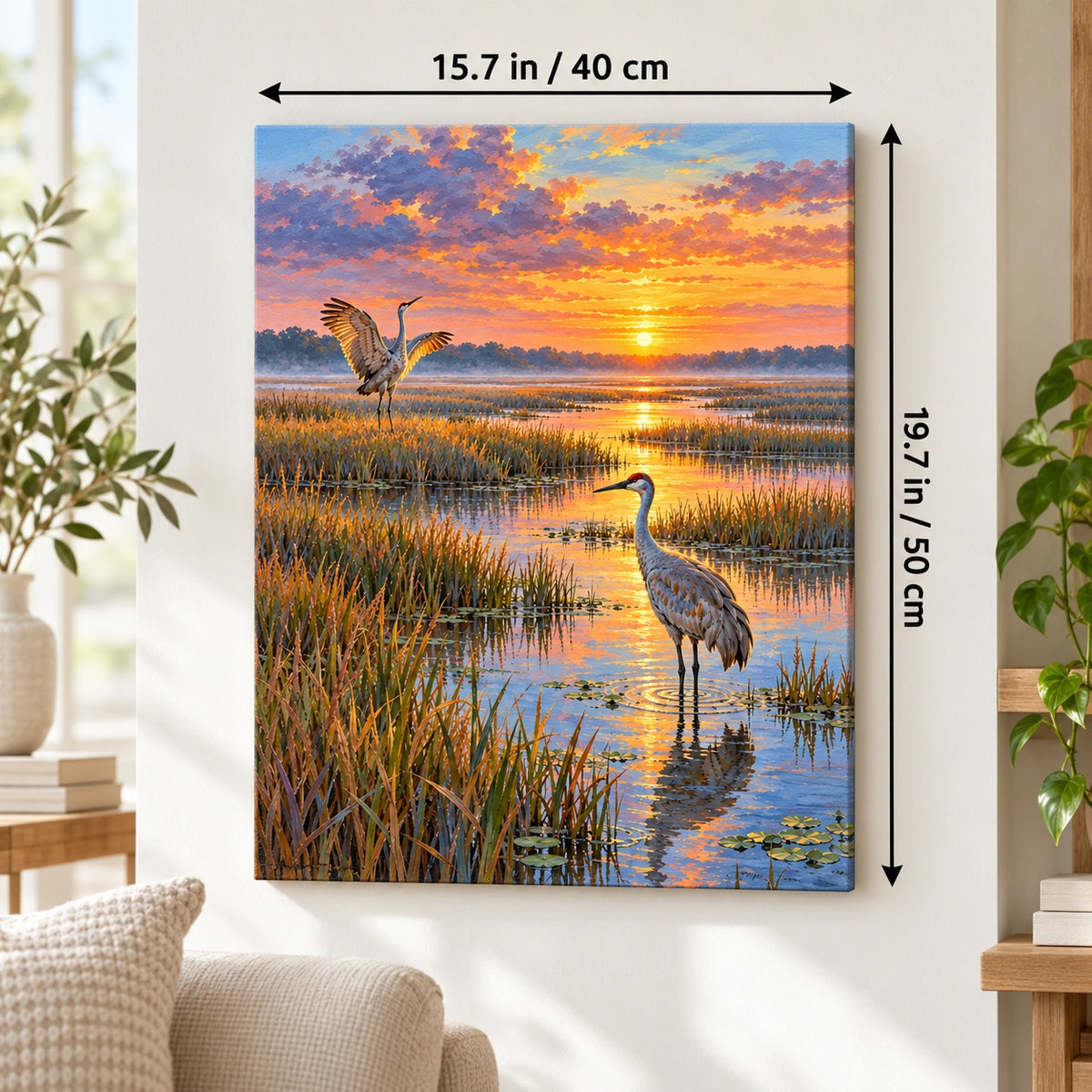 40 × 50 cm (15.7 × 19.7 in) size guide for Cranes in a Reed Marsh paint by numbers kit