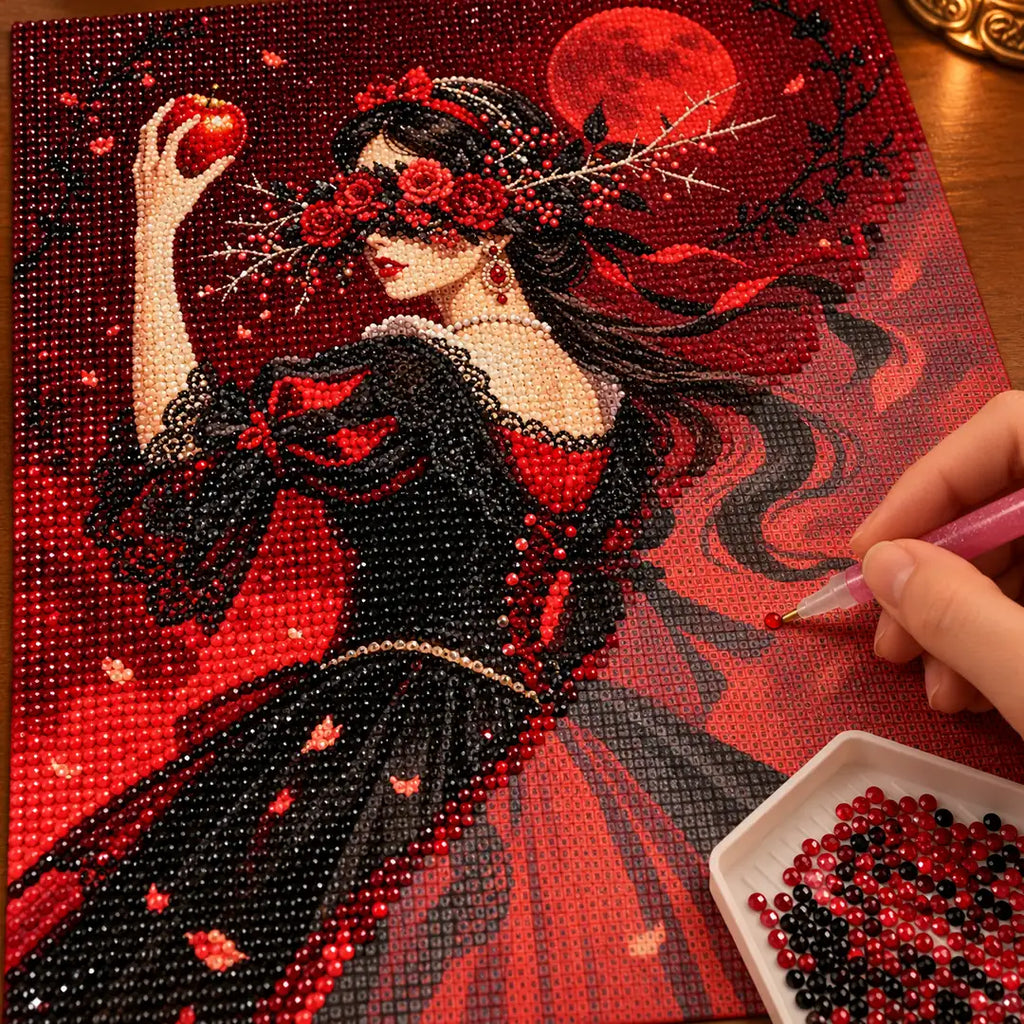 Diamond painting process showing a crimson rose bride being completed with a stylus