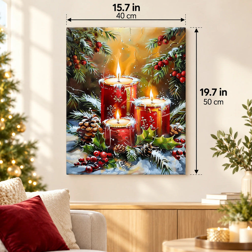 Crimson Candlelight Christmas paint by numbers canvas displayed in a bright living room, 15.7 × 19.7 in / 40 × 50 cm