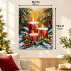 Crimson Candlelight Christmas paint by numbers canvas displayed in a bright living room, 15.7 × 19.7 in / 40 × 50 cm
