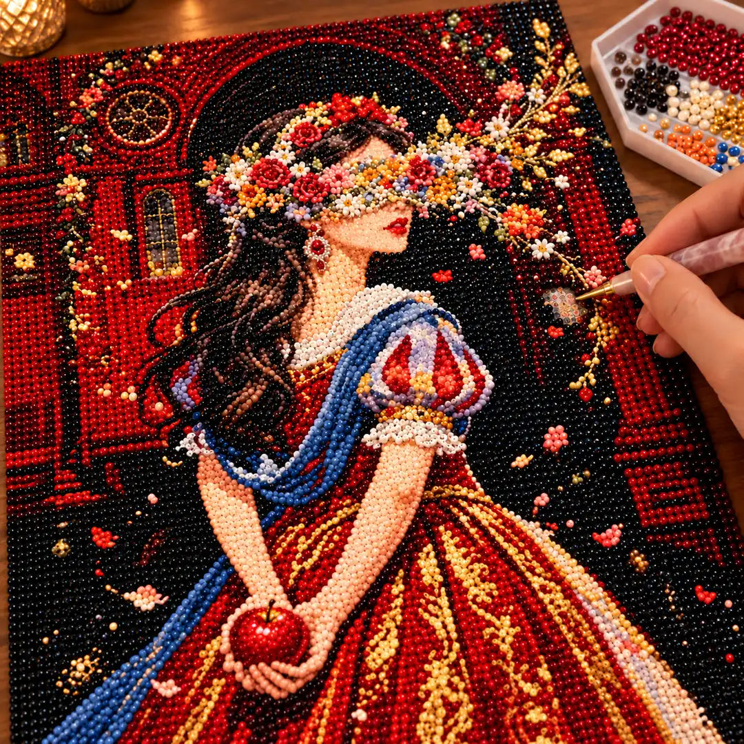 Diamond painting process showing a crimson castle rose bride being completed with a stylus