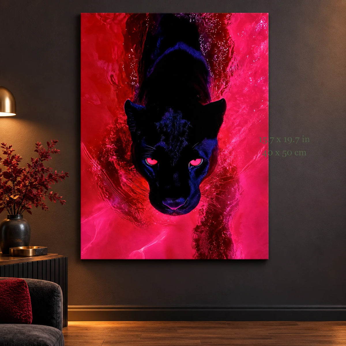Crimson Shadow Black Panther paint by numbers canvas in a styled room with 15.7 x 19.7 in and 40 x 50 cm dimensions