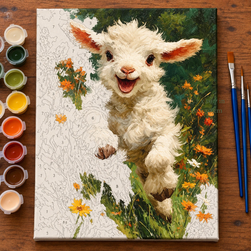 Curly Lamb in a Wildflower Meadow paint by numbers canvas shown in a styled room with 15.7 x 19.7 in and 40 x 50 cm dimensions