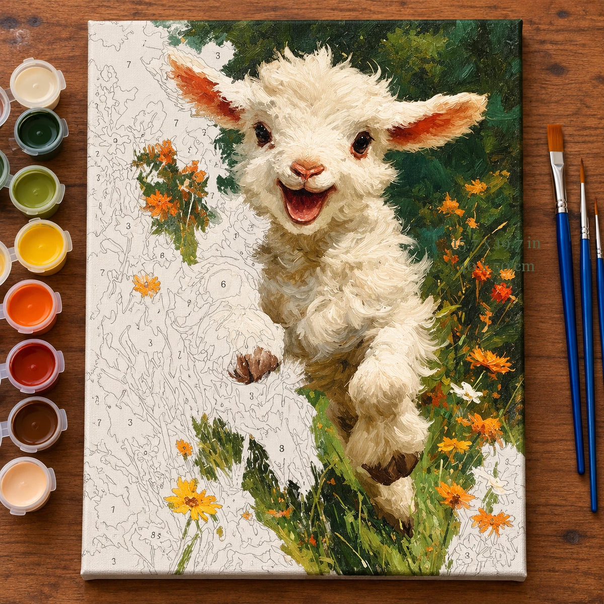 Curly Lamb in a Wildflower Meadow paint by numbers canvas shown in a styled room with 15.7 x 19.7 in and 40 x 50 cm dimensions