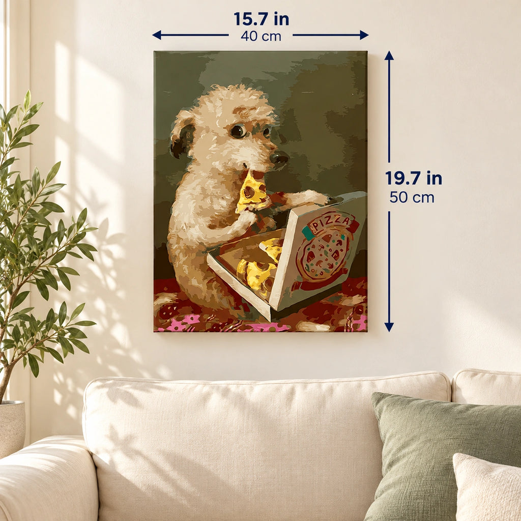 Curly Puppy Eating Pizza canvas in a styled room, 15.7 × 19.7 in / 40 × 50 cm.