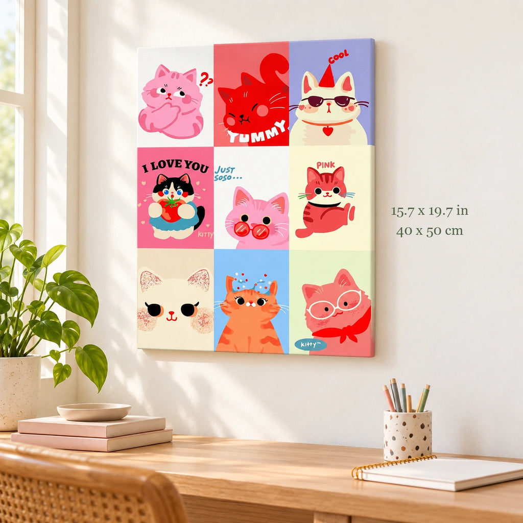 Cute Cat Expression Collage paint by numbers canvas shown in a styled room with 15.7 x 19.7 in and 40 x 50 cm dimensions