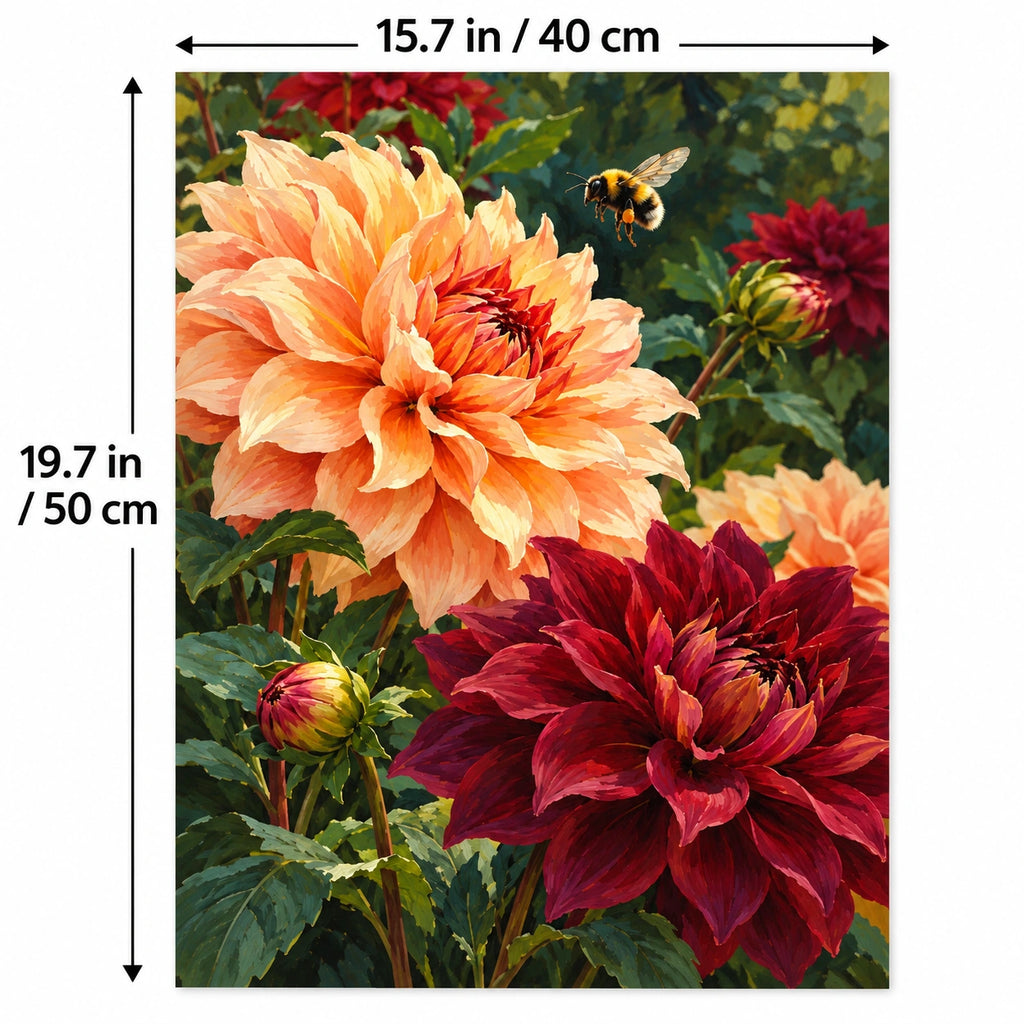 Dahlia Garden Bumblebee paint by numbers canvas shown in a styled room with 15.7 × 19.7 in (40 × 50 cm) dimensions