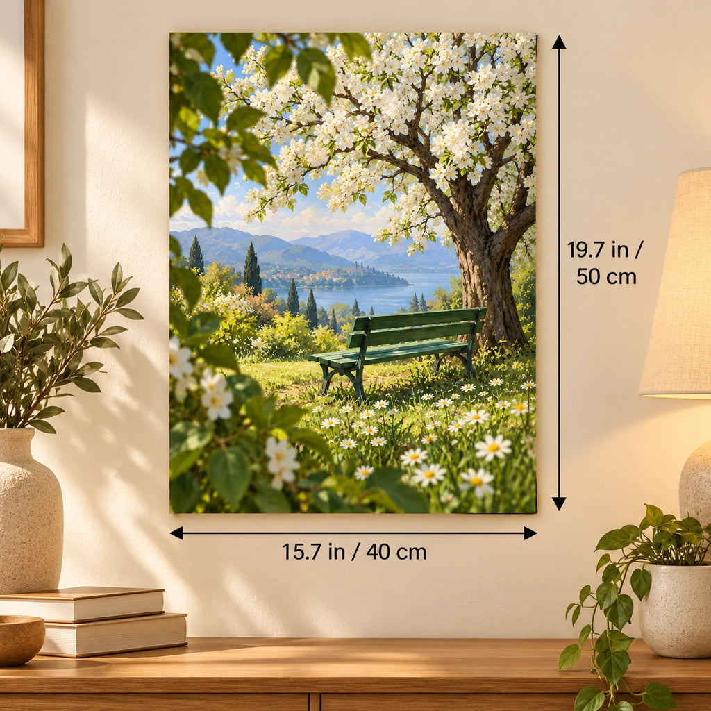 Daisy Lawn Garden Bench paint by numbers canvas shown with 15.7 × 19.7 in (40 × 50 cm) dimensions