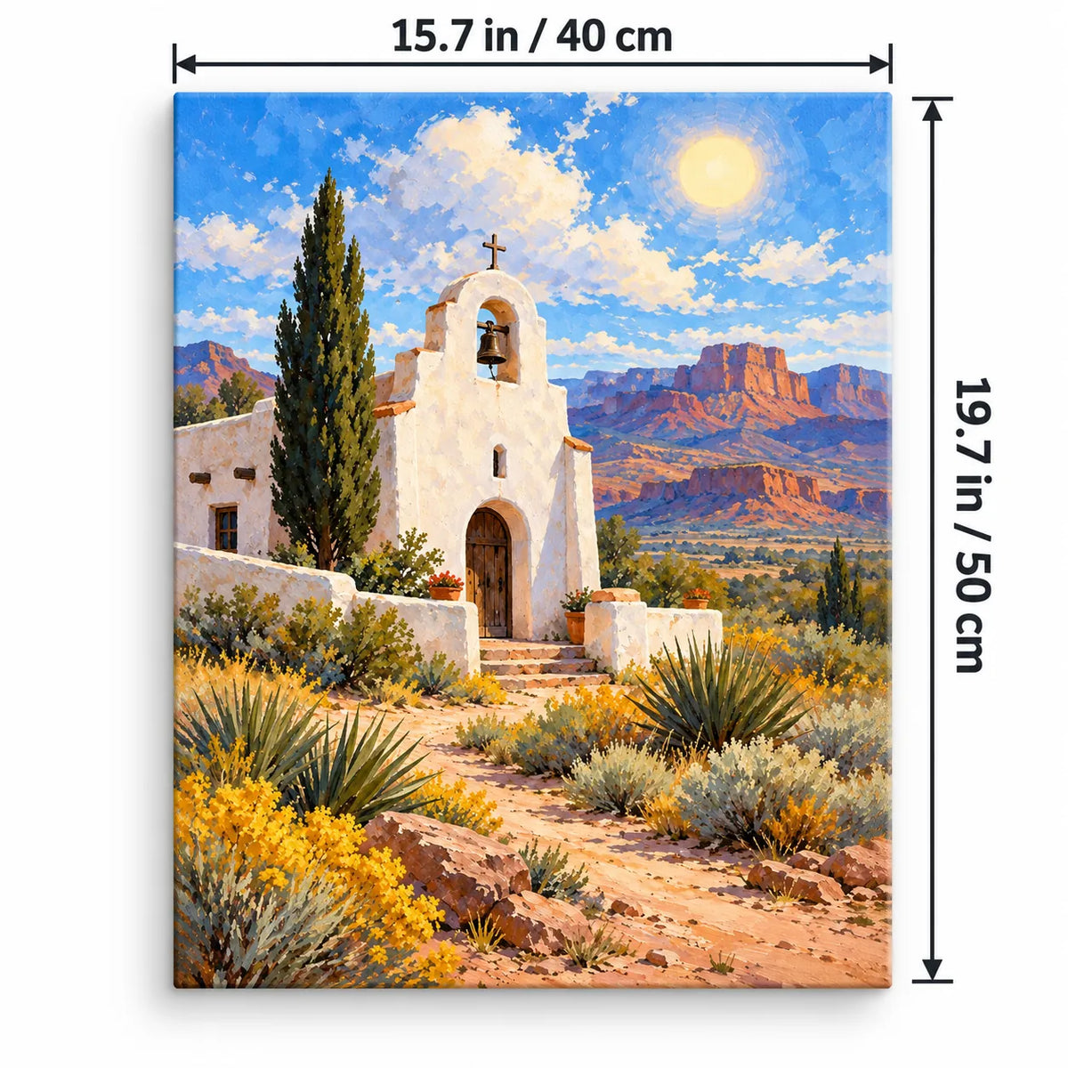Portrait 40 × 50 cm size guide for the desert mission bell tower paint by numbers kit.