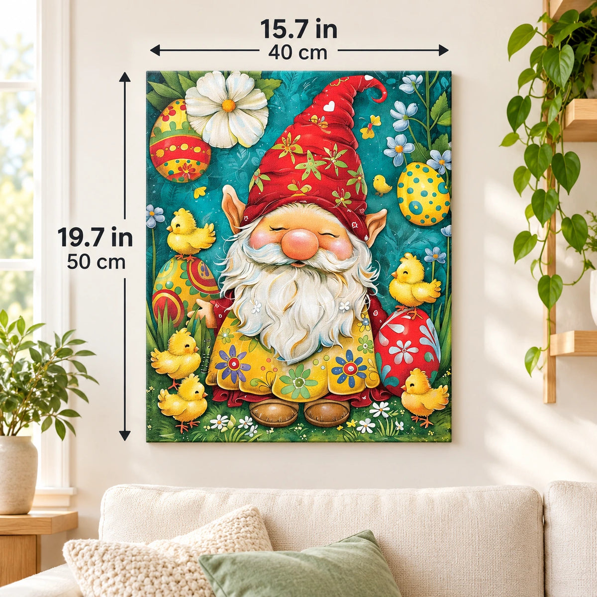 Easter Gnome Among Spring Blooms paint by numbers canvas displayed in a bright living room, 15.7 × 19.7 in / 40 × 50 cm