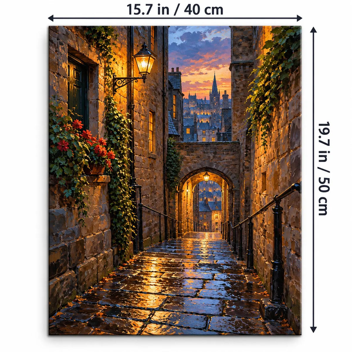 Portrait 40 × 50 cm size guide for the edinburgh lantern alley paint by numbers kit.