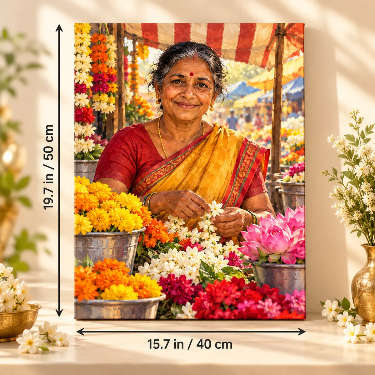 Portrait size guide for the Elderly Florist at a Marigold Market Stall paint by numbers kit, 15.7 × 19.7 in (40 × 50 cm).