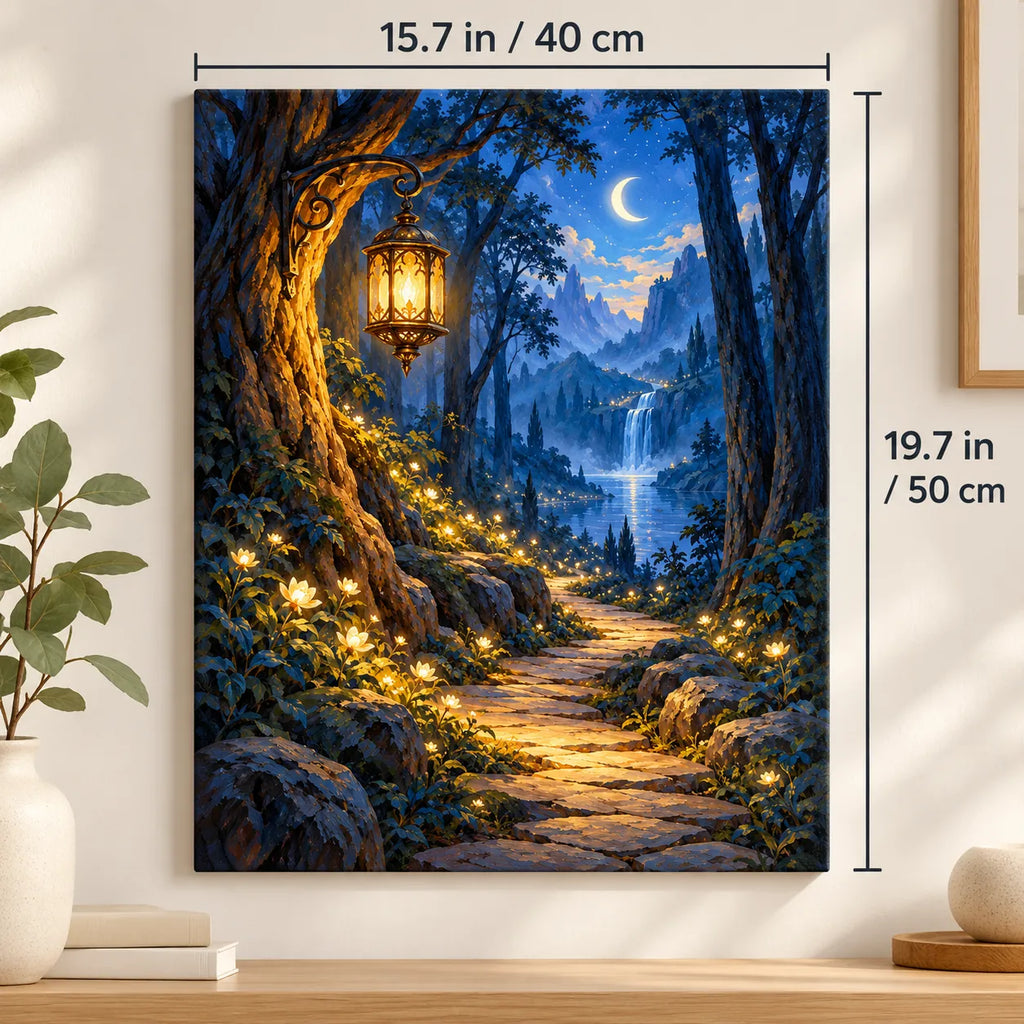 Portrait size guide for the Enchanted Lantern Forest Path paint by numbers kit, 15.7 × 19.7 in (40 × 50 cm).