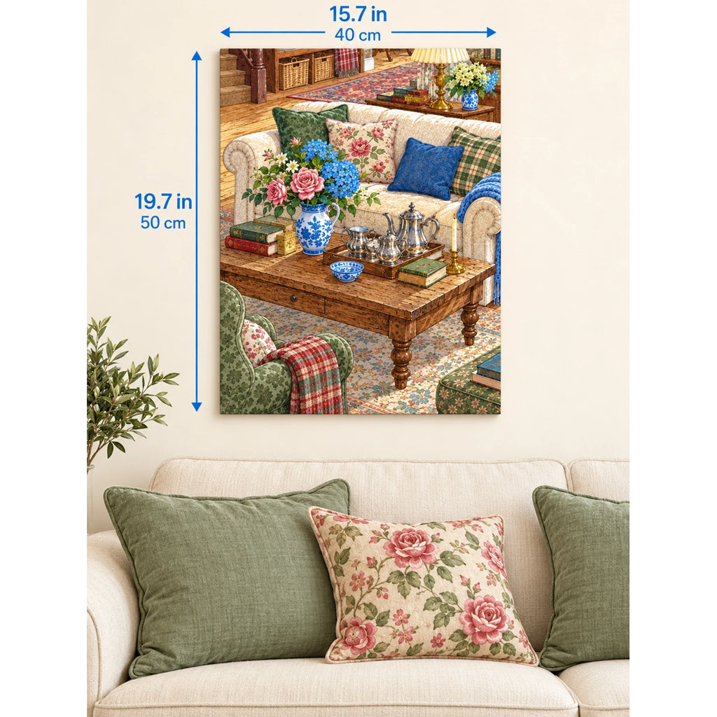 English Cottage Floral Sofa and Silver Tea Set canvas in a styled room, 15.7 × 19.7 in / 40 × 50 cm