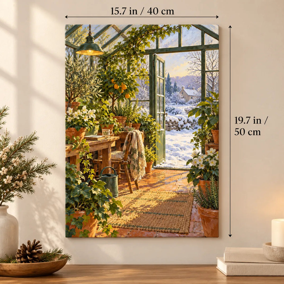 First Snow Greenhouse Window Paint by Numbers Kit shown in a styled room, sized 15.7 × 19.7 in (40 × 50 cm).