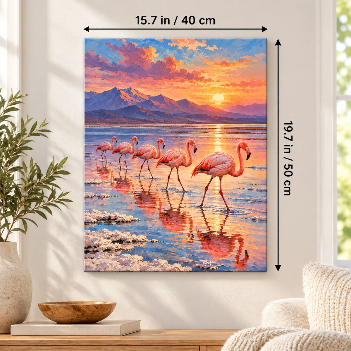 40 × 50 cm (15.7 × 19.7 in) size guide for Flamingos on a Salt Flat at Sunset paint by numbers kit