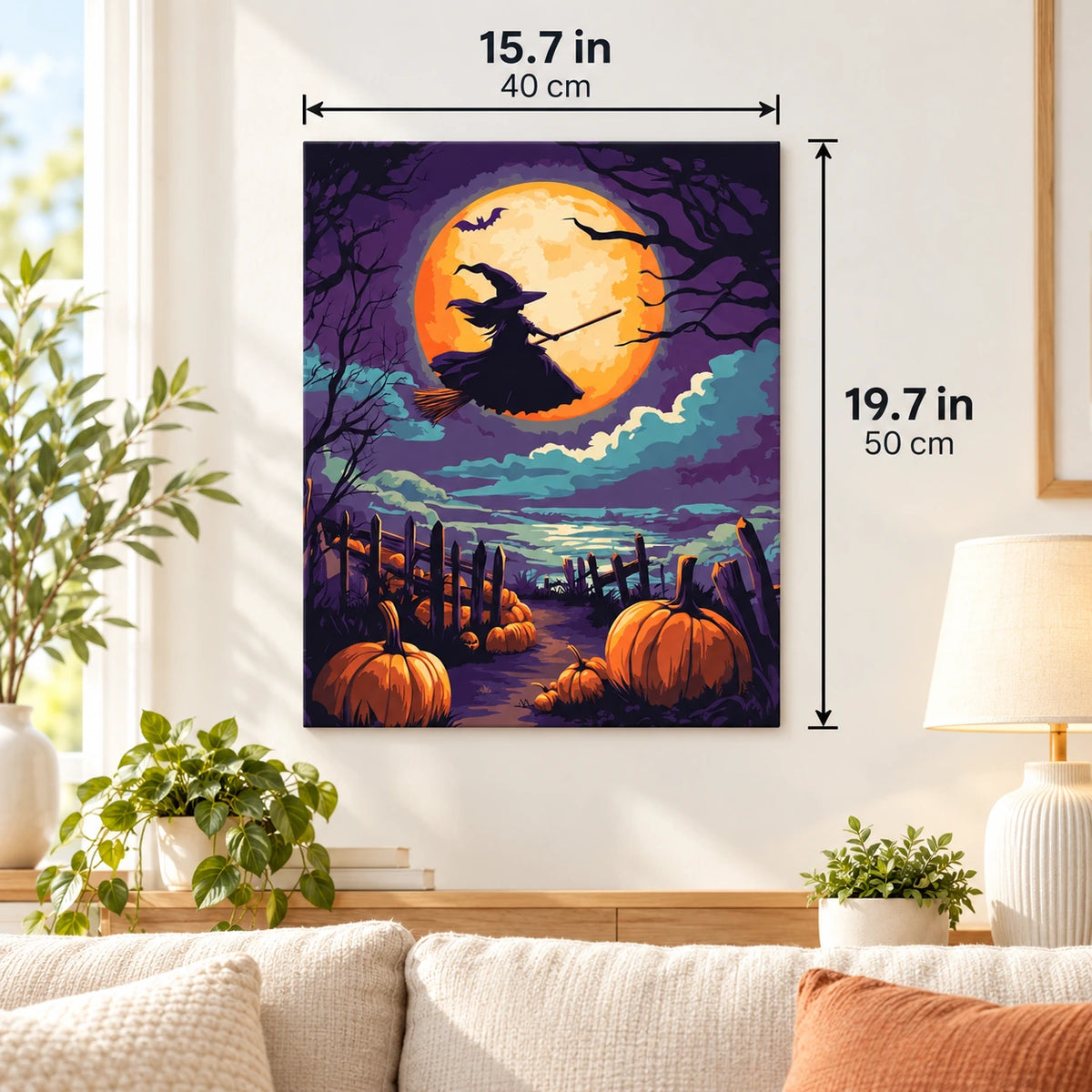 Flight of the Harvest Witch paint by numbers canvas displayed in a bright living room, 15.7 × 19.7 in / 40 × 50 cm