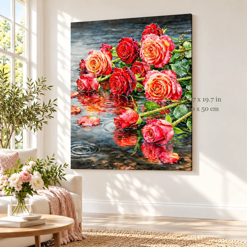 Floating Red Roses on Reflective Pond paint by numbers canvas in a styled room with 15.7 x 19.7 in and 40 x 50 cm dimensions