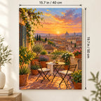`03-florence-rooftop-terrace-duomo-sunset-size-guide.webp` — Portrait Florence rooftop terrace canvas with size labels of 15.7 by 19.7 inches (40 by 50 cm).