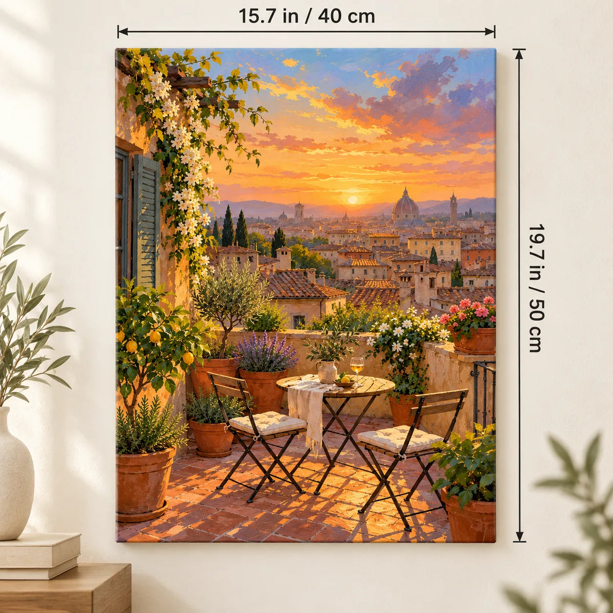 `03-florence-rooftop-terrace-duomo-sunset-size-guide.webp` — Portrait Florence rooftop terrace canvas with size labels of 15.7 by 19.7 inches (40 by 50 cm).