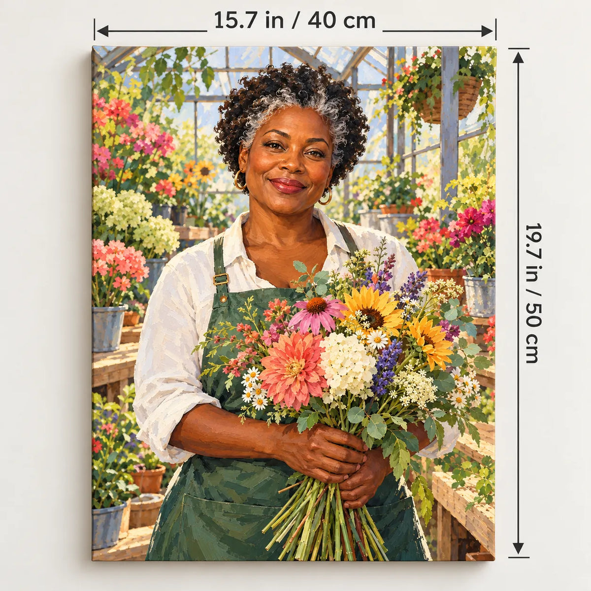 Portrait size guide for the Florist Greenhouse Portrait paint by numbers kit, 15.7 × 19.7 in (40 × 50 cm).