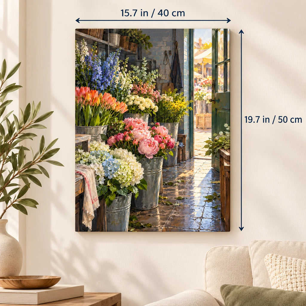 `03-flower-market-cool-room-size-guide.webp` — Portrait size guide for the Flower Market Cool Room paint by numbers kit, 15.7 × 19.7 in (40 × 50 cm).