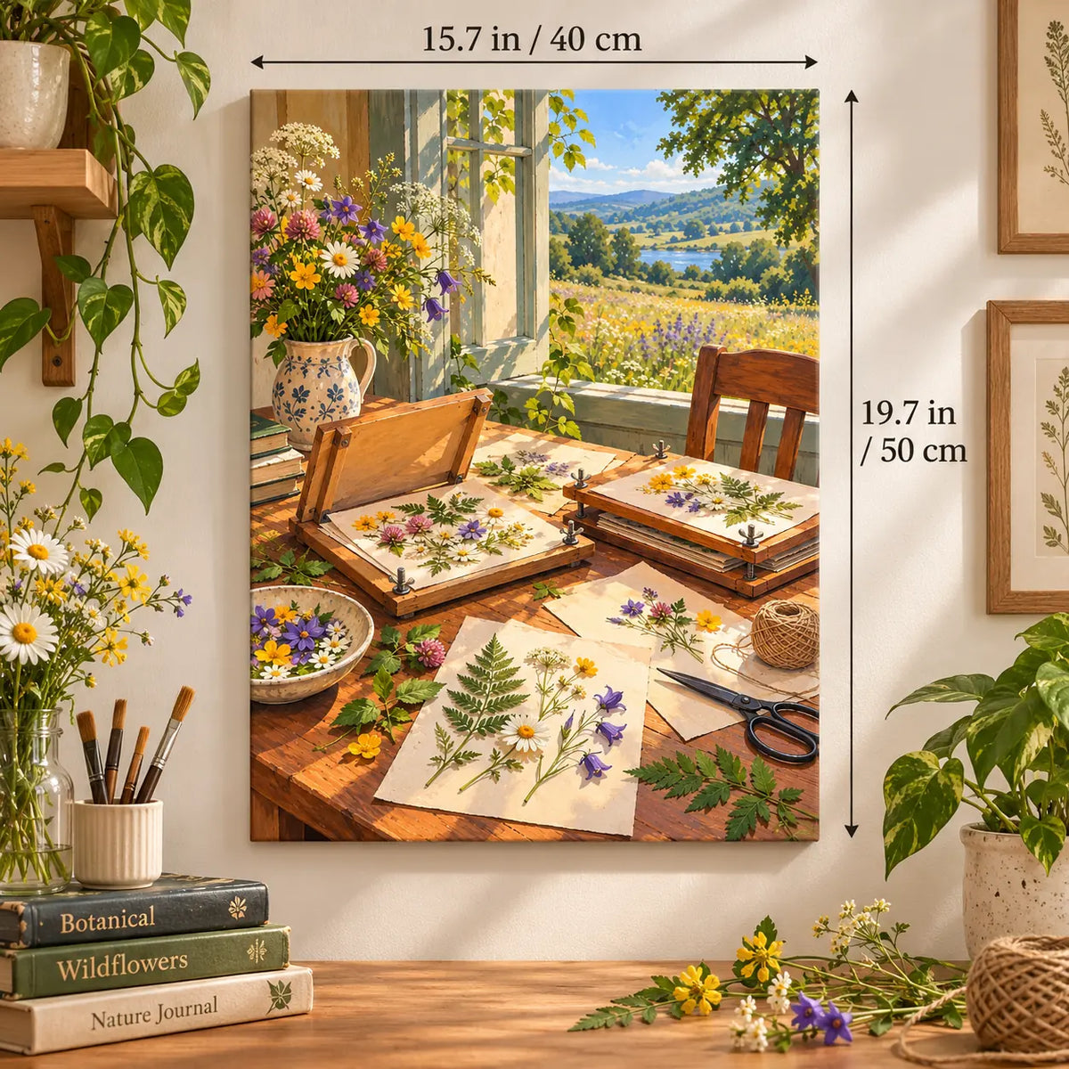 `03-flower-pressing-table-size-guide.webp` — Portrait size guide for the Flower Pressing Table paint by numbers kit, 15.7 × 19.7 in (40 × 50 cm).