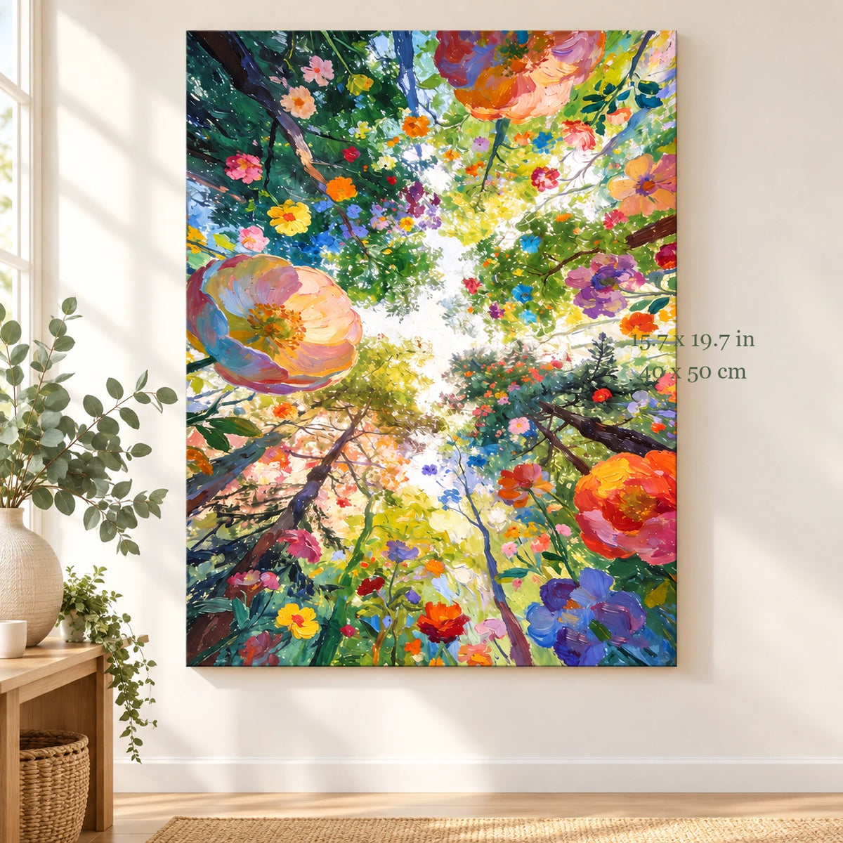 Flowering Tree Canopy paint by numbers canvas in a styled room with 15.7 x 19.7 in and 40 x 50 cm dimensions