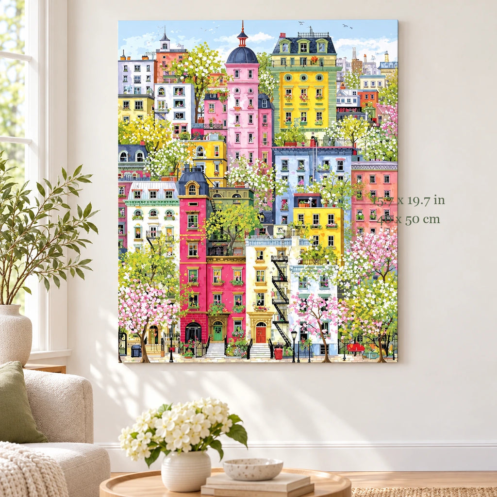 Flowering Treetop City Street paint by numbers canvas in a styled room with 15.7 x 19.7 in and 40 x 50 cm dimensions