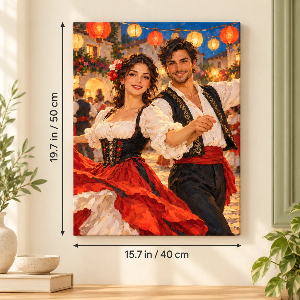 Portrait size guide for the Folk Dancers in a Lantern-Lit Village Square paint by numbers kit, 15.7 × 19.7 in (40 × 50 cm).