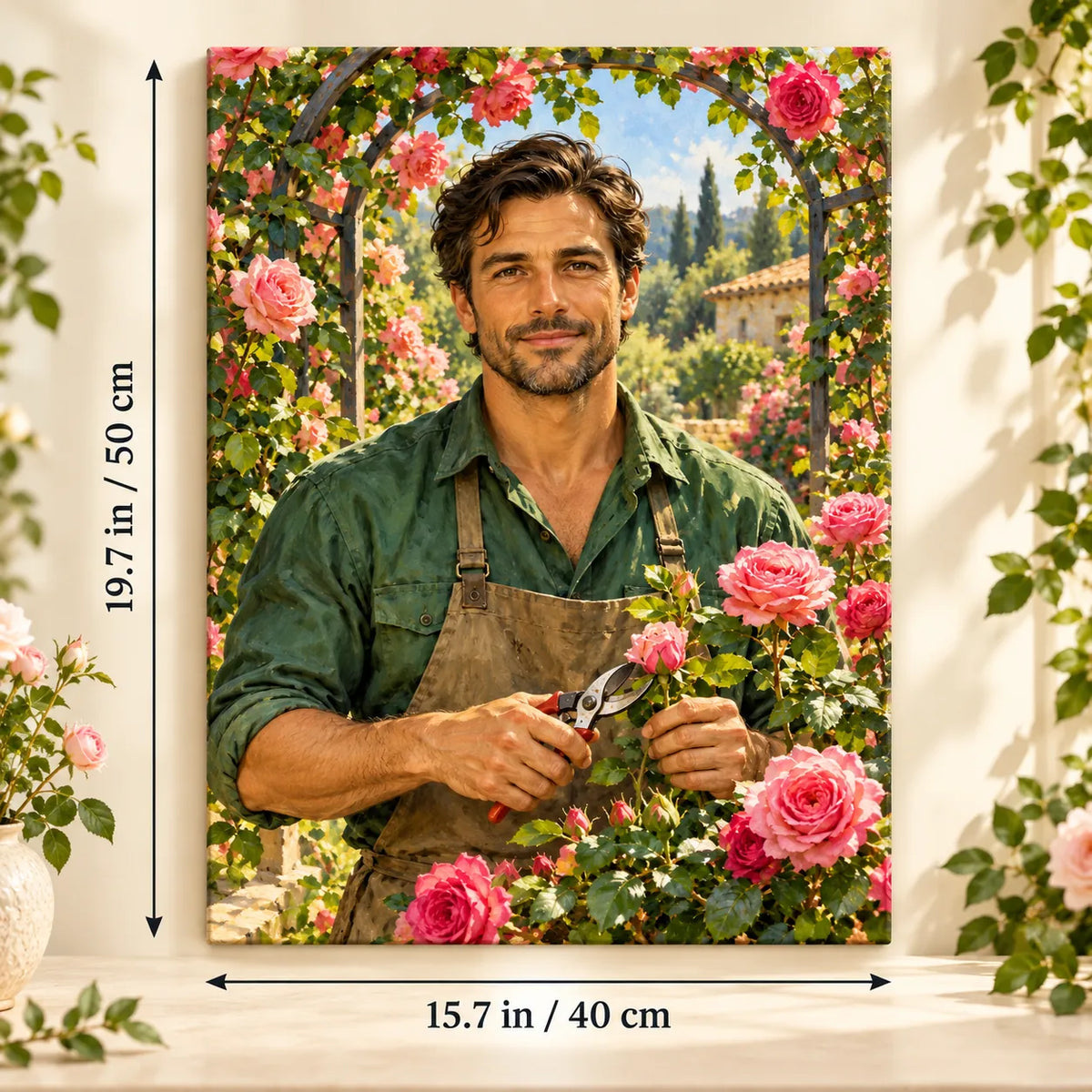 Portrait size guide for the Gardener Pruning Roses in a Garden Arch paint by numbers kit, 15.7 × 19.7 in (40 × 50 cm).