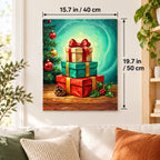 Gifts Beneath the Evergreen paint by numbers canvas displayed in a bright living room, 15.7 × 19.7 in / 40 × 50 cm