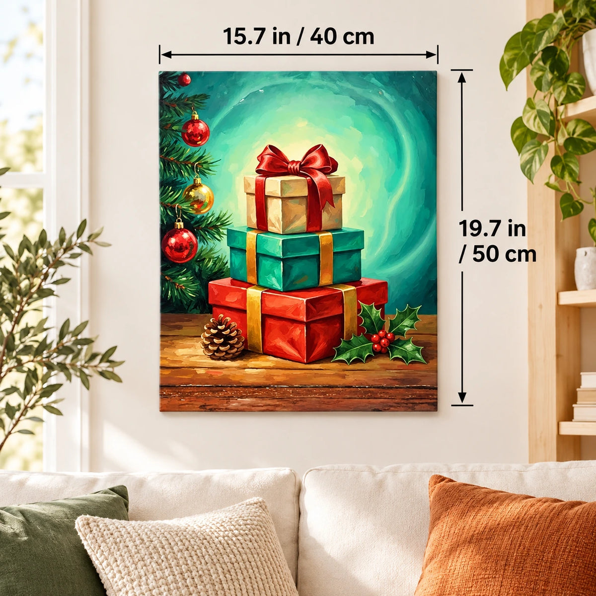 Gifts Beneath the Evergreen paint by numbers canvas displayed in a bright living room, 15.7 × 19.7 in / 40 × 50 cm