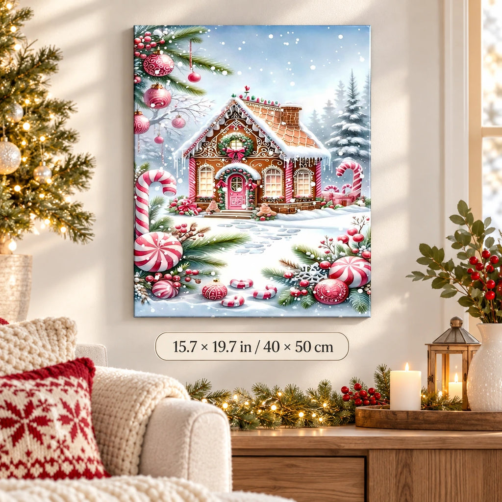 Gingerbread Christmas Cottage paint by numbers canvas displayed in a bright living room, 15.7 × 19.7 in / 40 × 50 cm