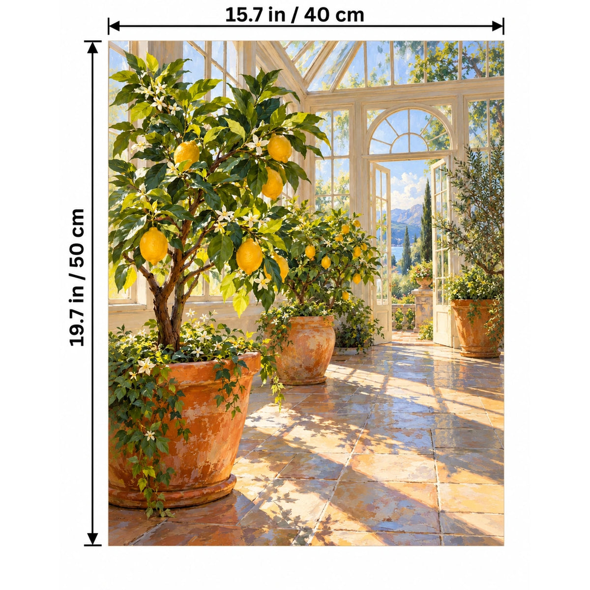 Glasshouse Citrus Saplings paint by numbers canvas shown with 15.7 × 19.7 in (40 × 50 cm) dimensions