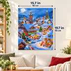 Glow Over the Snowy Village paint by numbers canvas displayed in a bright living room, 15.7 × 19.7 in / 40 × 50 cm