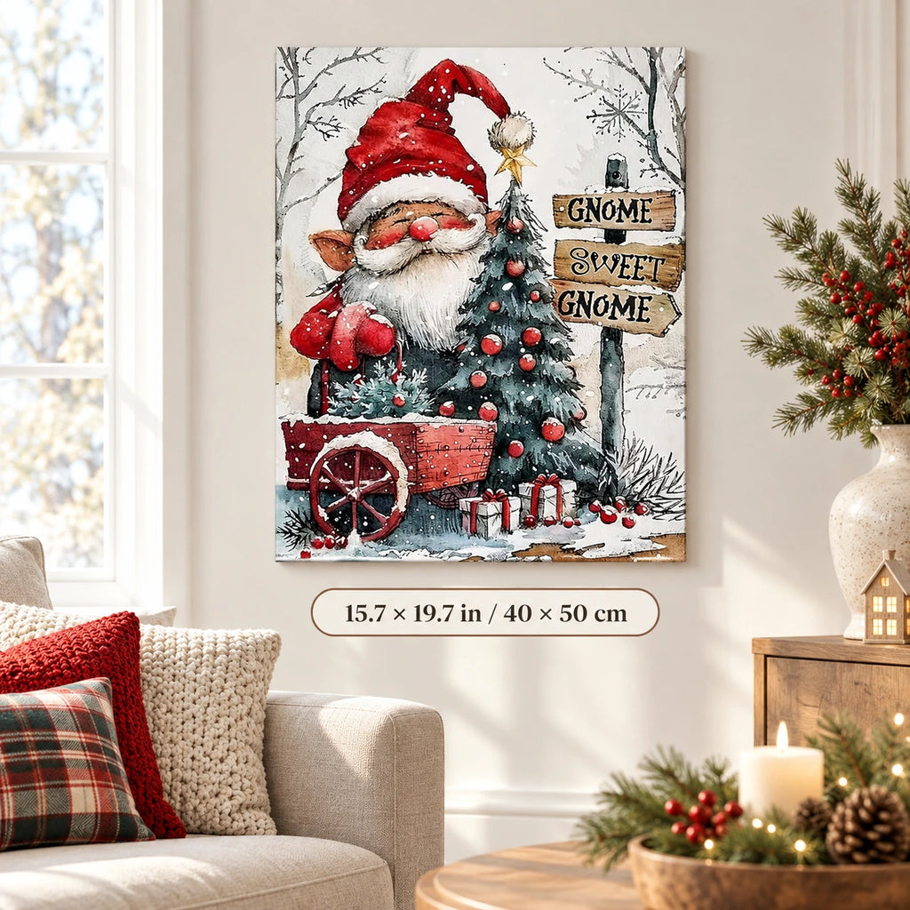 Gnome Christmas Welcome paint by numbers canvas displayed in a bright living room, 15.7 × 19.7 in / 40 × 50 cm