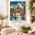 Gnomes at the Snowy Cabin paint by numbers canvas displayed in a bright living room, 15.7 × 19.7 in / 40 × 50 cm
