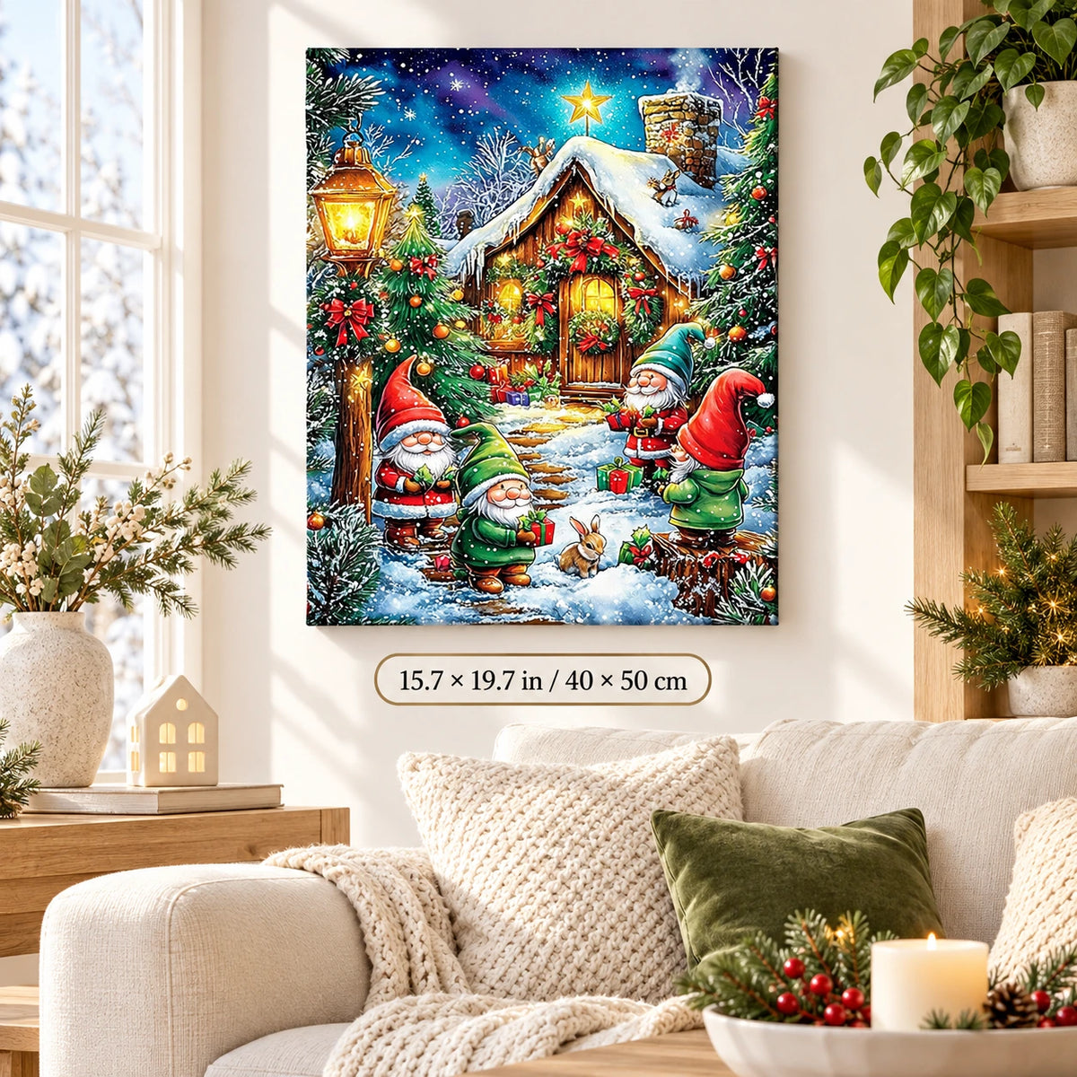 Gnomes at the Snowy Cabin paint by numbers canvas displayed in a bright living room, 15.7 × 19.7 in / 40 × 50 cm