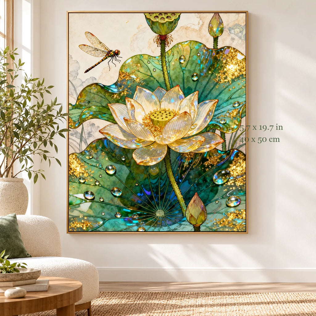 Gold Green Lotus and Dragonfly paint by numbers canvas in a styled room with 15.7 x 19.7 in and 40 x 50 cm dimensions