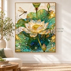 Gold Green Lotus and Dragonfly paint by numbers canvas in a styled room with 15.7 x 19.7 in and 40 x 50 cm dimensions