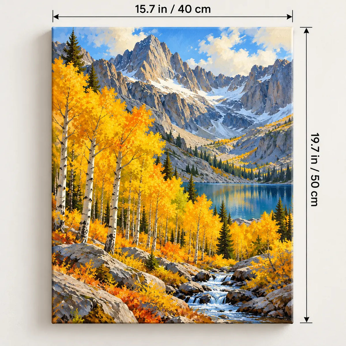 Portrait 40 × 50 cm size guide for the golden aspen cirque paint by numbers kit.