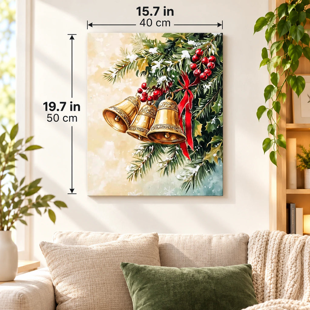 Golden Bells in Evergreen paint by numbers canvas displayed in a bright living room, 15.7 × 19.7 in / 40 × 50 cm
