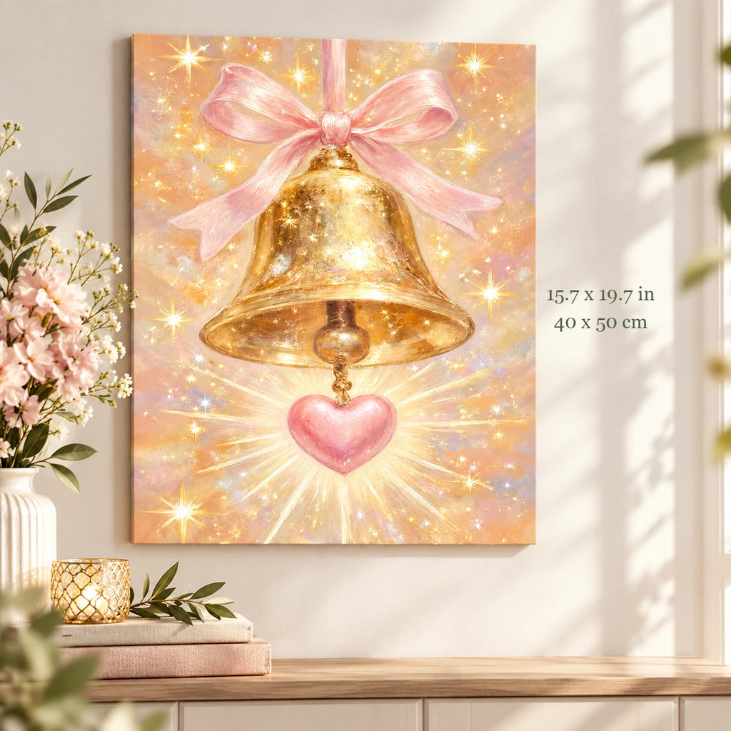 Golden Bell with Pink Heart paint by numbers canvas in a styled room with 15.7 x 19.7 in and 40 x 50 cm dimensions