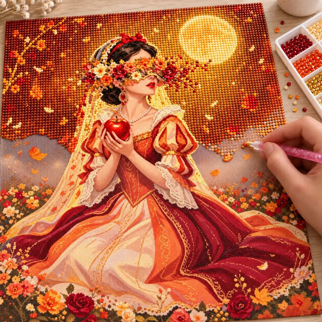 Diamond painting process showing a golden moon floral bride being completed with a stylus