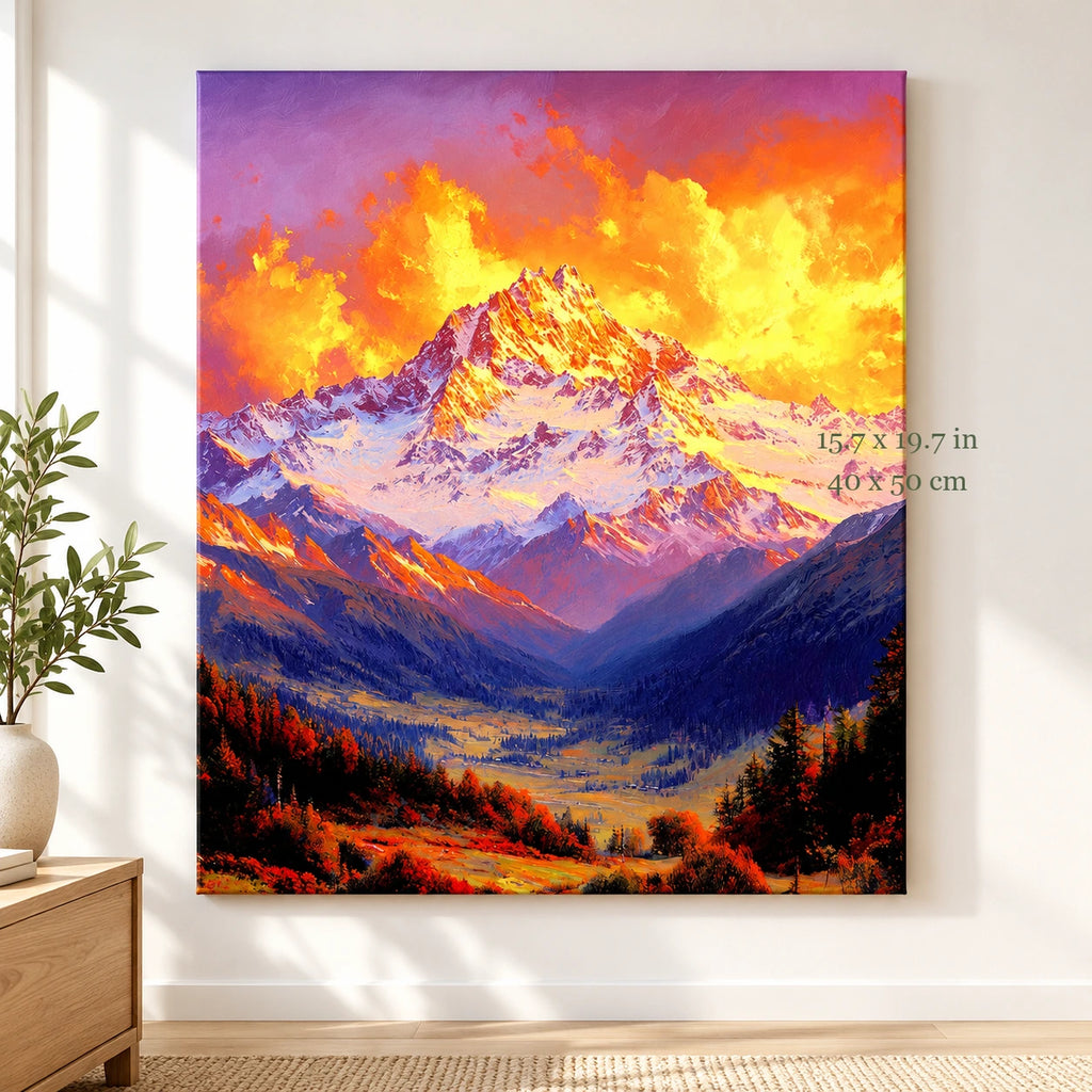 Golden Sunrise Mountain Range paint by numbers canvas in a styled room with 15.7 x 19.7 in and 40 x 50 cm dimensions