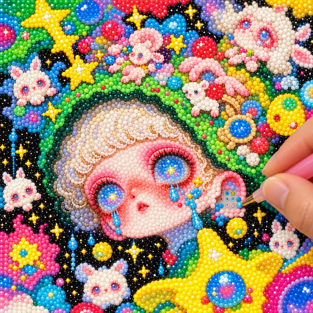 Hands placing drills on the green bunny cosmos girl diamond painting canvas