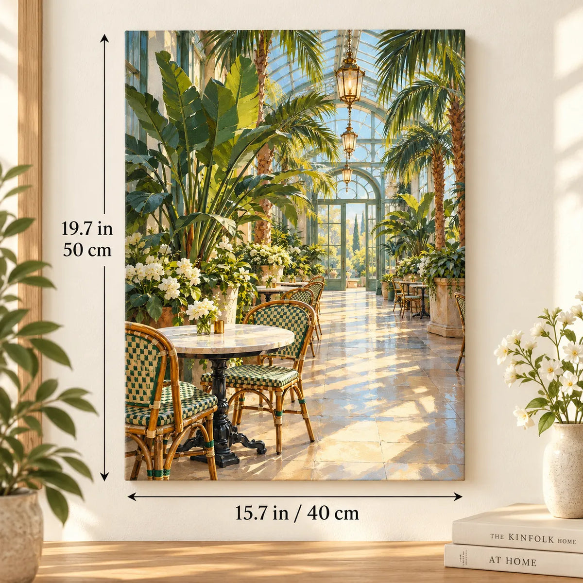 `03-greenhouse-cafe-empty-tables-size-guide.webp` — Portrait size guide for the Greenhouse Cafe Empty Tables paint by numbers kit, 15.7 × 19.7 in (40 × 50 cm).
