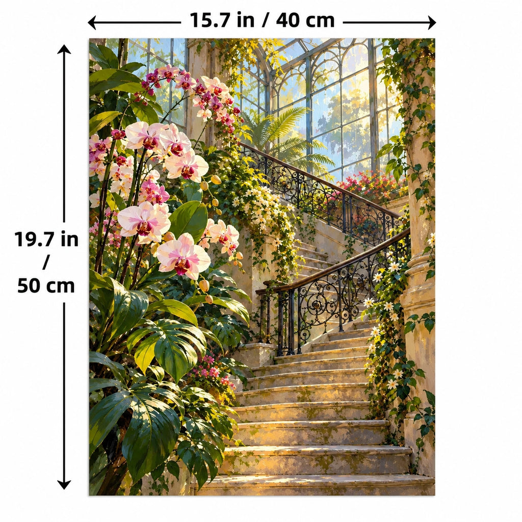 Greenhouse Staircase Orchids paint by numbers canvas shown in a styled room with 15.7 × 19.7 in (40 × 50 cm) dimensions